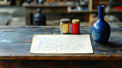 Handwritten note on wooden table with jars of paint and a decorative vase in a rustic workshop setting. Generative AI