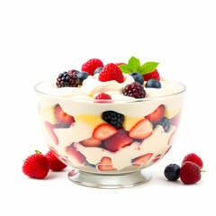 Trifle dessert with berries and cream isolated on white background