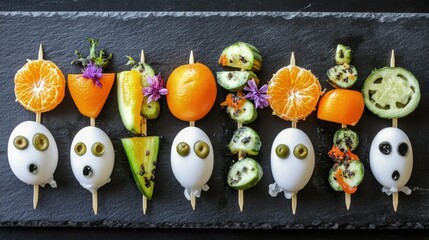 A spooky yet fun Halloween snack platter set on a black slate background, featuring ghost-shaped eggs with olive eyes, pumpkin-shaped orange wedges, and colorful vegetable skeleton skewers. 