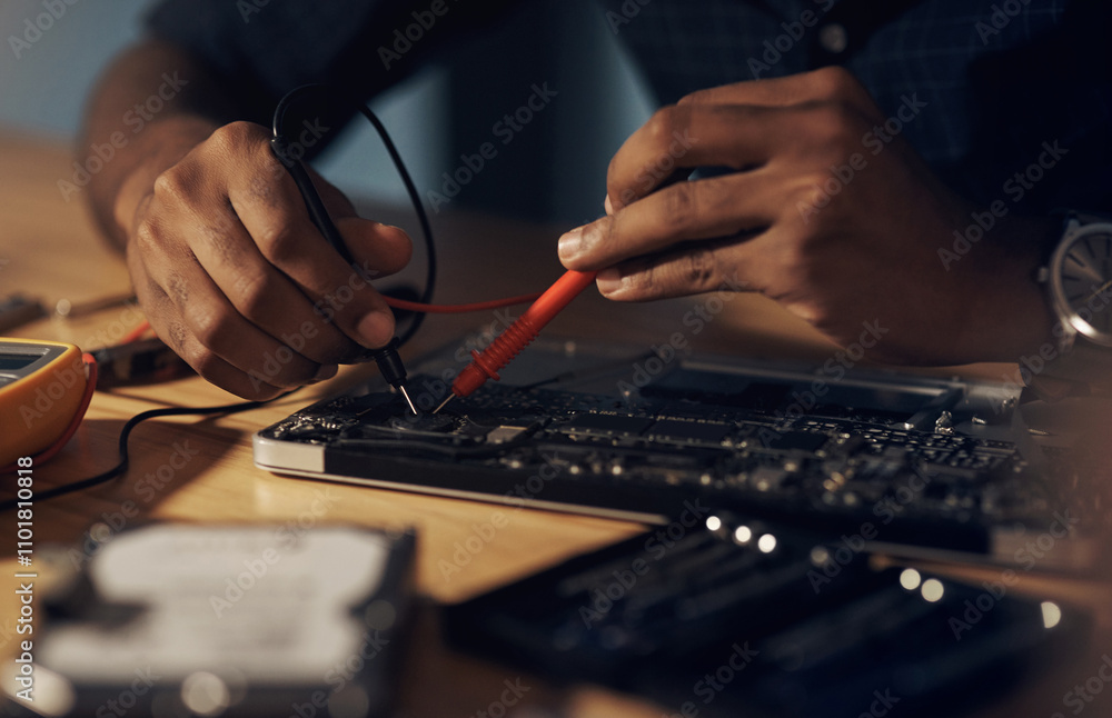 Aufkleber person, hands and technician on motherboard at night, repair circuit hardware in workplace. employee