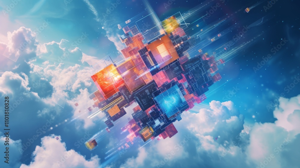 Poster a dynamic illustration of cloud computing, featuring vibrant digital cubes and data streams against 