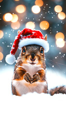 Charming squirrel wearing festive Santa hat, sitting in snow with twinkling golden bokeh lights in background. Perfect for Christmas designs, seasonal promotions, enchanting wildlife collections