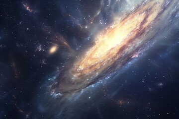 Glowing spiral galaxy with bright center and dust in deep space.