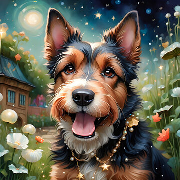 happy terrier dog in garden space