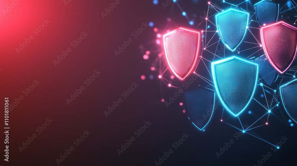 Poster a digital representation of colorful shields symbolizing cybersecurity, protection, and data securit