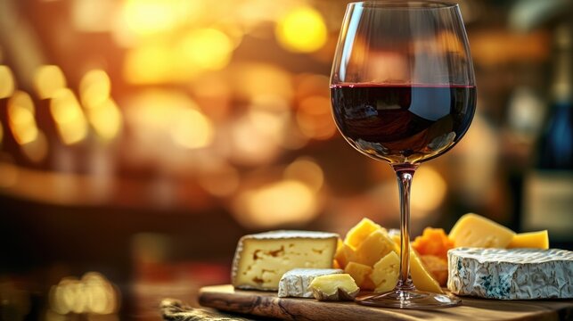 A glass of wine and cheese on a cutting board, perfect for an intimate dinner party or special occasion
