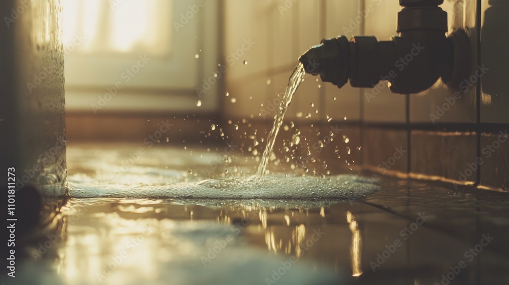 Poster Water flowing from a pipe, creating a puddle on the tiled floor in a sunlit room.