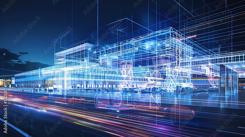 Poster a futuristic architectural design showcasing a digital blueprint of a building illuminated at night.
