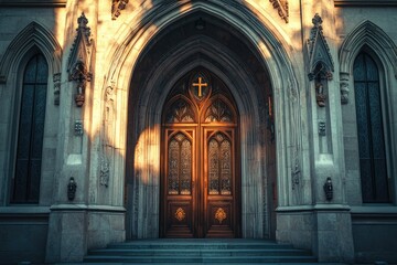 Obraz premium Image of a church entrance with a cross on the door, suitable for use in various contexts such as faith-based or religious settings