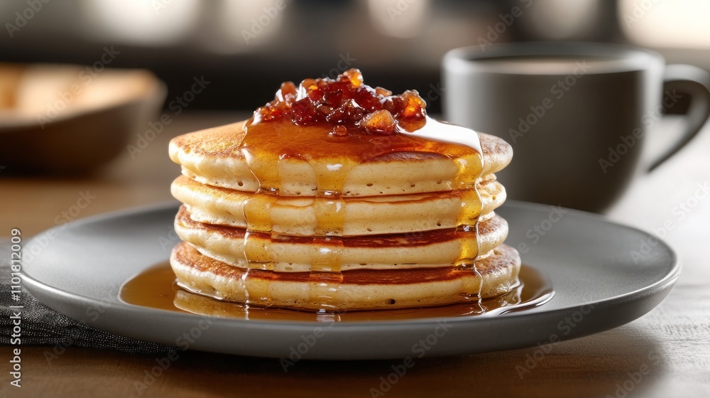 Poster a stack of fluffy pancakes drizzled with syrup and topped with a sweet garnish.
