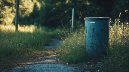Rustic Blue Metal Cylinder Beside Grassy Path, Nature Scene