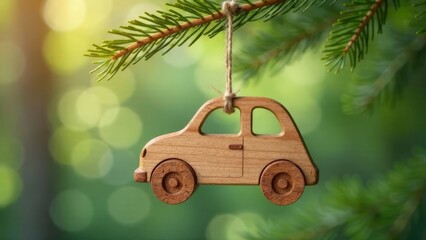A wooden car hangs on spruce branches. Christmas card.