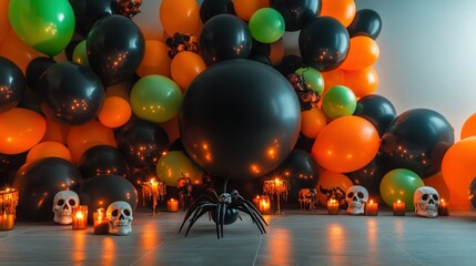 A stylish Halloween party decoration with balloons in various shades of orange, black, and neon green, scattered across the floor with glowing skulls and candles illuminating the space. 