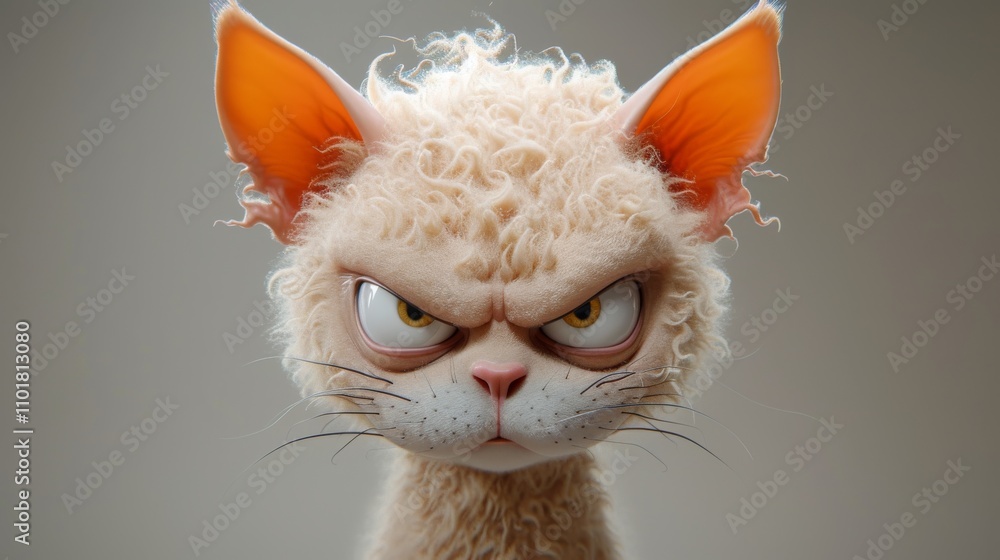 Poster a front-facing portrait of a curly-furred cat displaying an angry expression. the curly texture cont