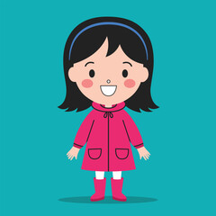Happy kid in a red raincoat and rubber boots, playing in rainy weather with a smile cartoon vector illustration