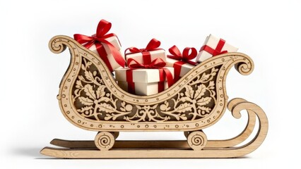 Wooden sleigh with gifts on a white background.