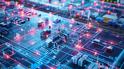 Fototapeta premium A vibrant digital circuit board with interconnected nodes and glowing lines, representing advanced technology and data flow.
