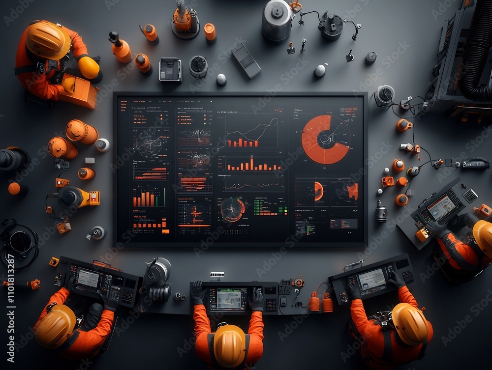 Poster image depicting a team of offshore data analysts and specialists in hard hats and safety vests inter