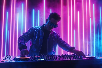 Young dj spinning music on a controller in a club with neon lights and smoke effects