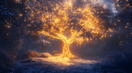Glowing tree in snowy forest at night.