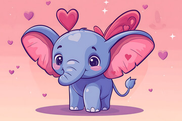 Fototapeta premium Cute cartoon elephant with hearts and a pastel background, conveying love and joy.