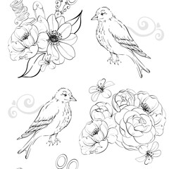 Victorian bird and roses with Curl and Sewing tools - buttons, needles, scissors. Background, seamless pattern. Vintage flowers, botanical arrangement. Romantic anemone and peony. For greeting cards