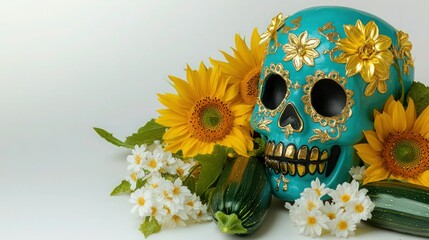 A sugar skull in turquoise with golden flower decorations, set beside blooming sunflowers and whole zucchinis. 