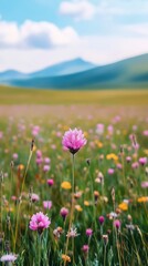Fototapeta premium Bright pink flowers bloom in a vast meadow under a clear blue sky with distant mountains