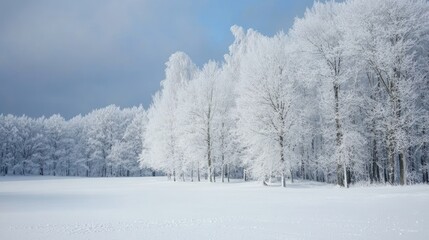 Snow-covered forest under a blue winter sky. Winter scenery and seasonal landscape concept.