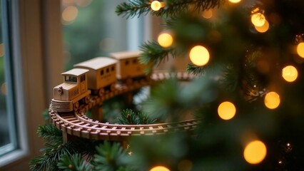Wooden railway with a train around a Christmas tree, with bokeh and snow. Christmas card.