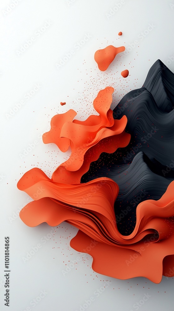 Poster Flowing abstract wave pattern with a dynamic  undulating design of red dots and lines across a minimalist 3D landscape setting  against a clean white background for a visually striking  captivating