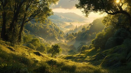 A serene landscape with lush greenery and misty valleys illuminated by soft sunlight.