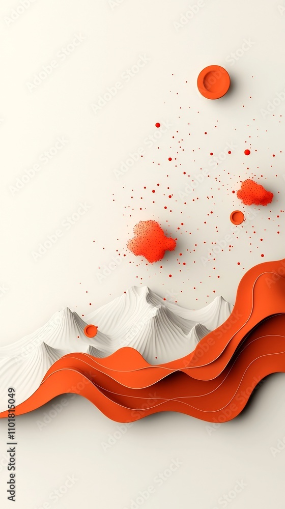 Poster flowing abstract 3d landscape with cascading red wave pattern in clean white setting minimalist cont
