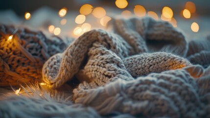 Cozy knitted blanket with soft lights in the background, ideal for winter or holiday scenes