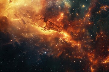 Glowing orange and yellow nebula with bright stars in deep space