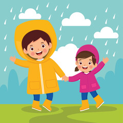 Cute girl enjoying the rain. The kid is wearing a raincoat. Rainy day vector illustration with a happy girl in rubber boots
