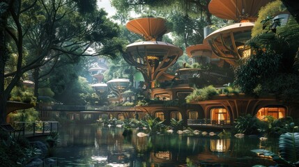 Fototapeta premium A futuristic eco-village with tree-like structures surrounded by lush greenery and water.