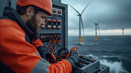 Offshore Electrician in Safety Gear Inspecting and Maintaining the Electrical Systems of a Wind Farm during Stormy Weather Wind Turbines Silhouetted against a Dramatic Sky and Rough Sea