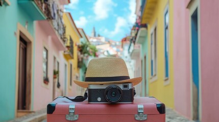 Modern Suitcase with Classic Straw Hat and Camera