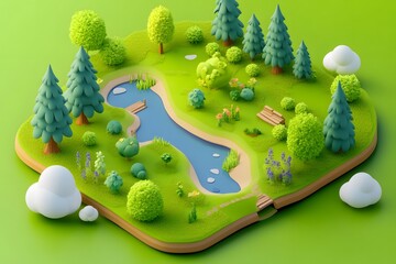A top-down view of an isometric cartoon forest map with rivers and trees, simple flat design