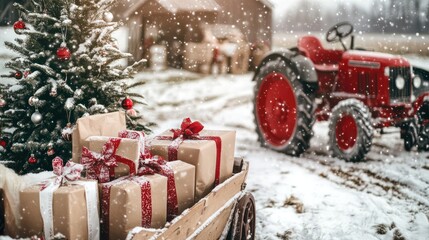 Wooden Cart Filled with Christmas Gifts and Red Tractor in Snowy Farmyard Next to Decorated Christmas Tree. Winter Holiday Scene