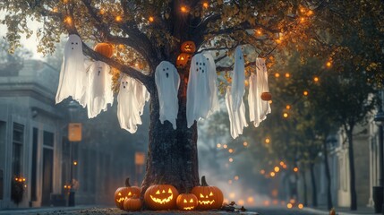 A tall tree lining a street, decorated with ghostly white sheets hanging from its branches, swaying in the breeze. Pumpkins with carved faces are placed around the base.