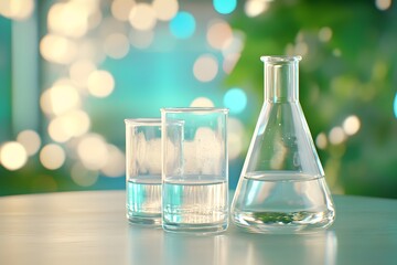 Blur background, close-up of glass beakers filled with clear liquid and one short conical flask