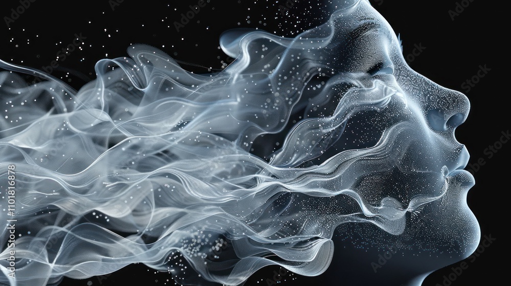 Poster ethereal representation of a face merging with flowing smoke, symbolizing thoughts and emotions.