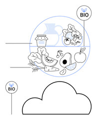 Bio-label organic foods include leafy greens, fruits, jar, and pitcher. Ideal for sustainable agriculture, health food promotions, organic market branding, eco-friendly packaging, natural product