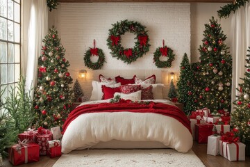 New Year-themed bedroom decorated with Christmas trees, wreaths, red gifts, and a white brick wall, creating a festive and cozy atmosphere for the holidays.