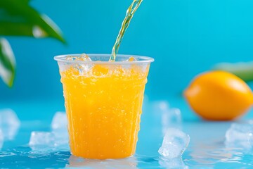 Fototapeta premium Energetic orange juice with ice cubes being poured into a plastic cup