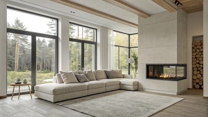 Obraz premium Minimalist, interior design of modern living room. Corner sofa with pillows near fireplace