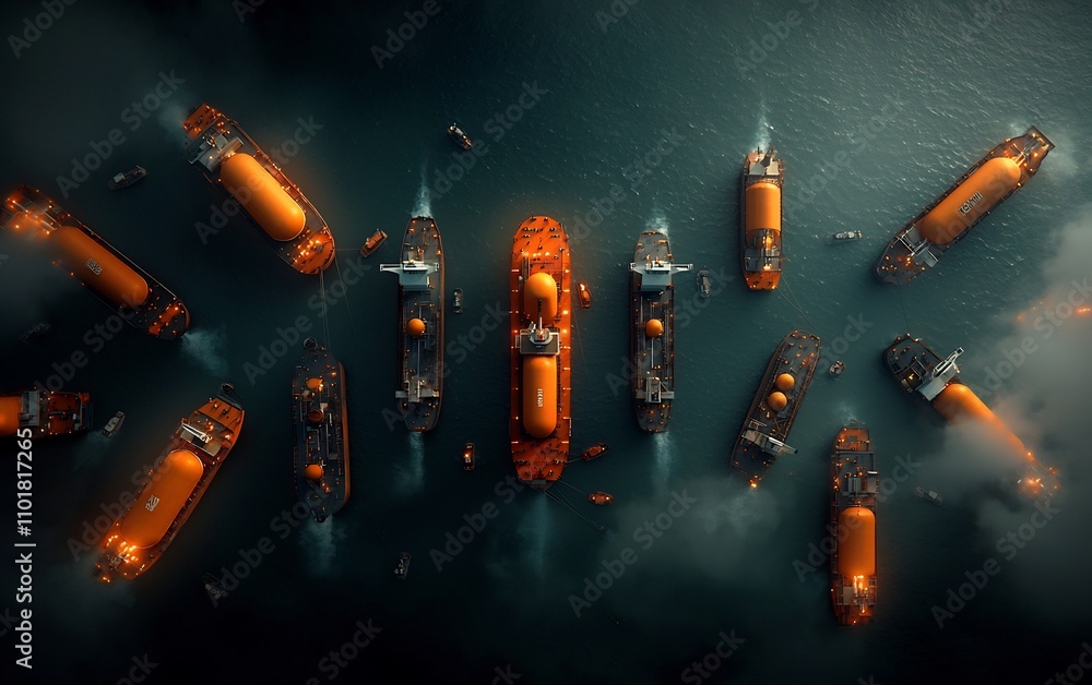Poster bird s eye perspective of a sprawling offshore petroleum and natural gas transshipment hub with enor