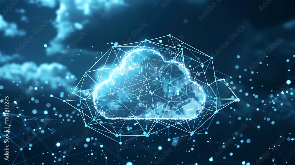 Poster a digital representation of a cloud network, symbolizing cloud computing and data connectivity.